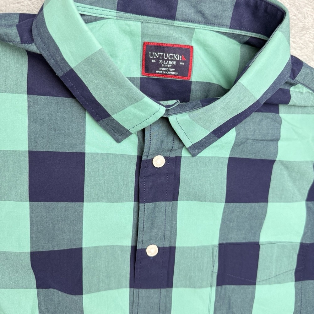 UNTUCKit Bornarda Button Up Shirt Mens XL Slim Fit Green Blue Buffalo Plaid Prep